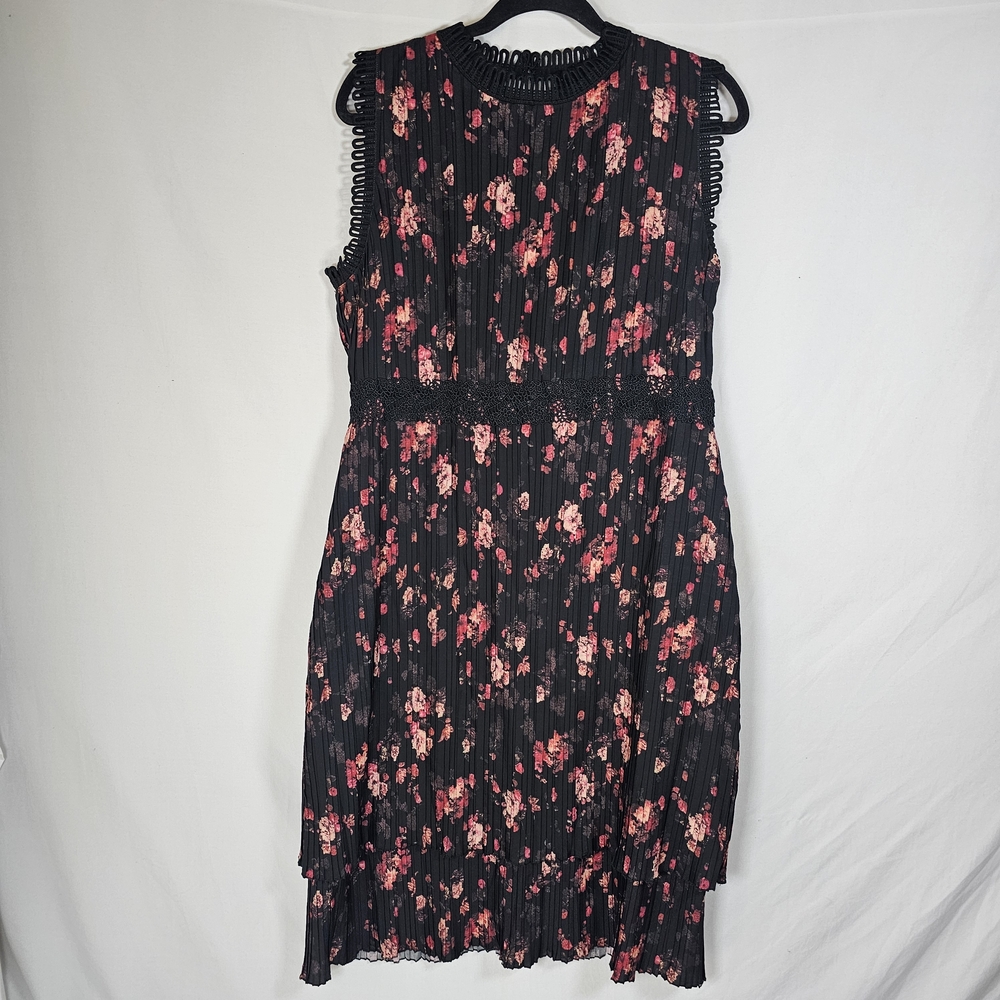 Foxiedox Black and‎ Pink Floral Pleaded Midi Dress